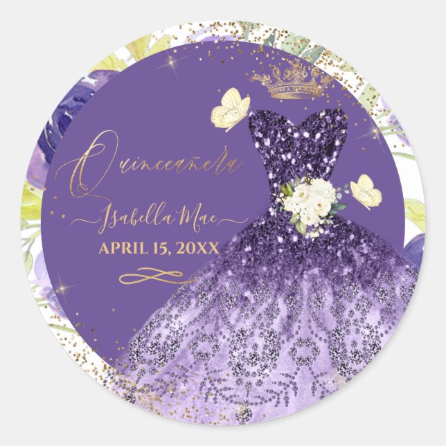 PixDezines Quinceanera Violet Purple Glitter Gown  Classic Round Sticker (Front)