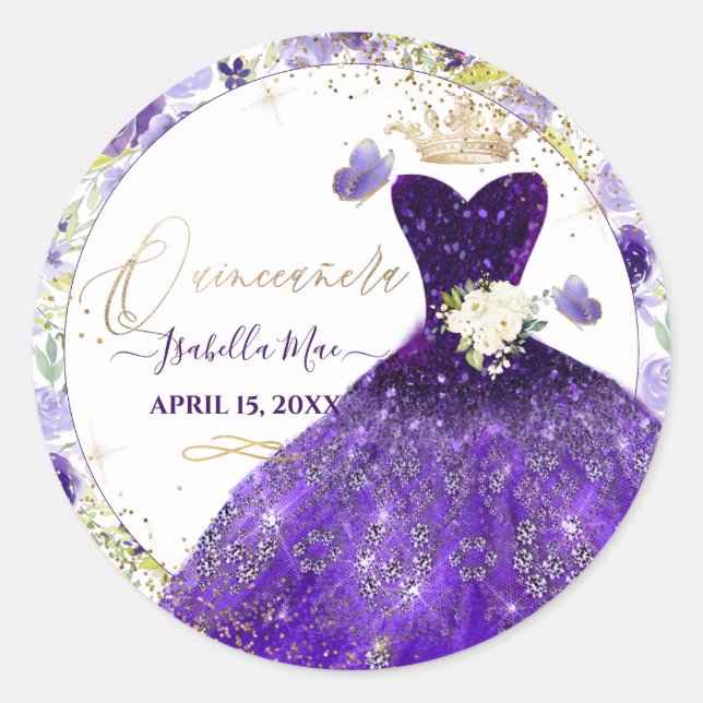 PixDezines Quinceanera Violet Purple Glitter Gown  Classic Round Sticker (Front)