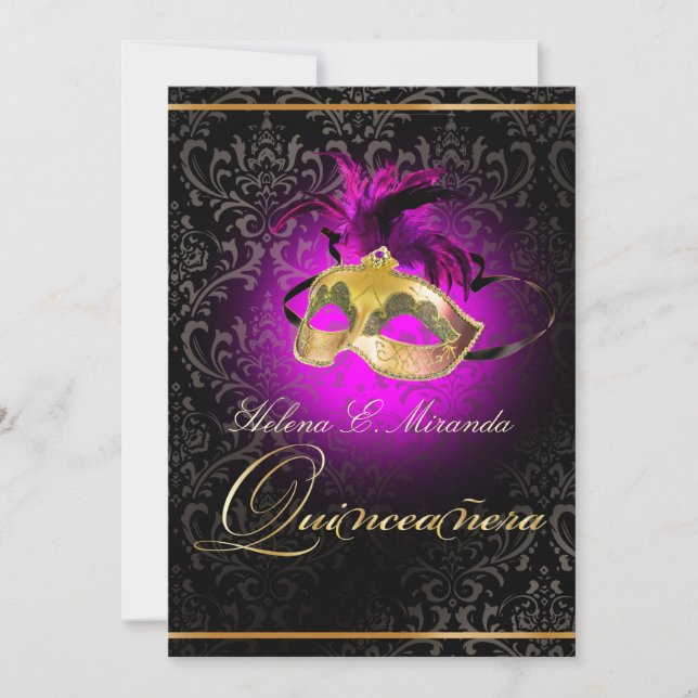 PixDezines Quincenera/Magenta/DIY colour!!/Damask Invitation (Front)