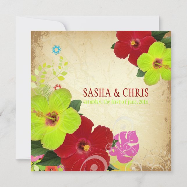 PixDezines red+green hibiscus+monstera Invitation (Front)