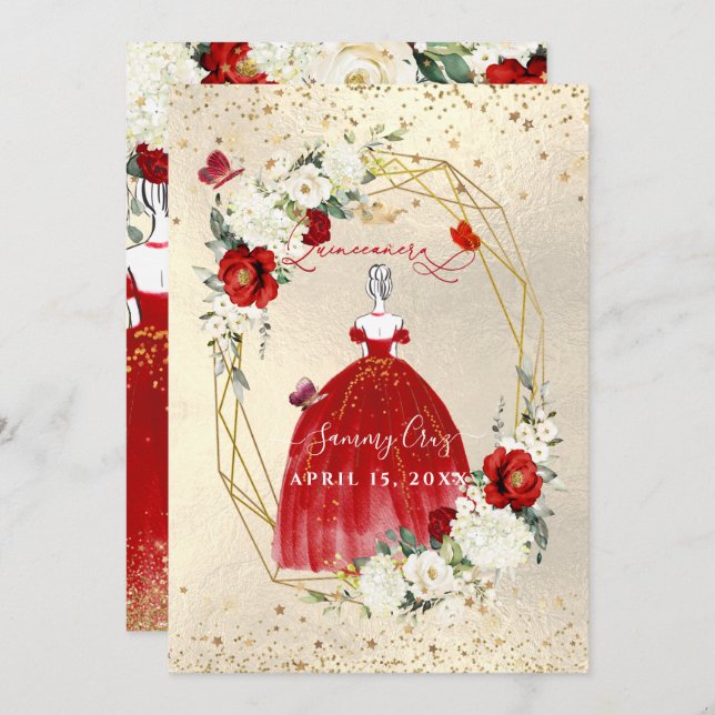 PixDezines Red  Quinceanera H2 Alabaster Roses Invitation (Front/Back)