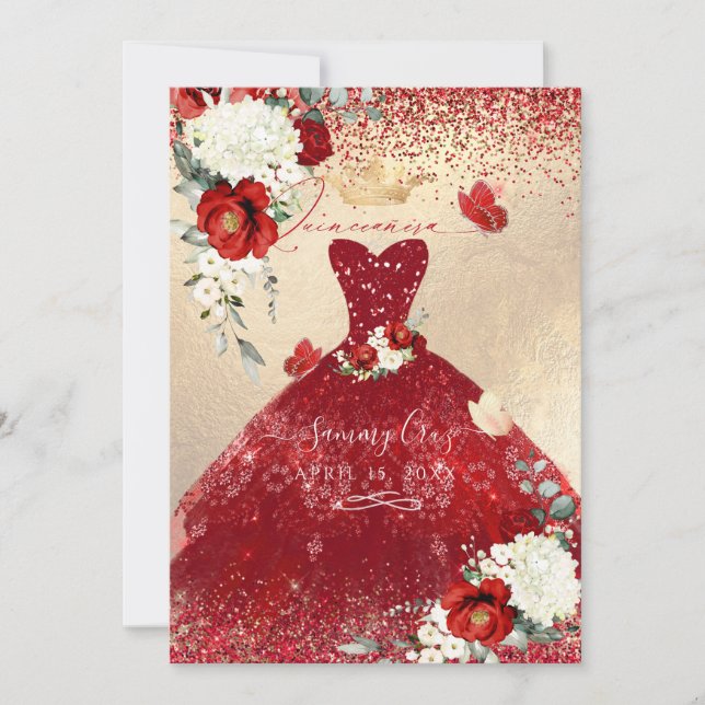 PixDezines Red Roses Quinceanera Dress Invitation (Front)