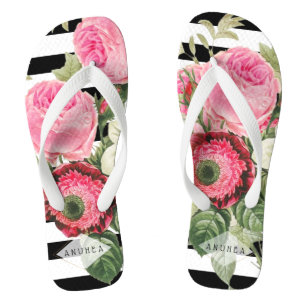 PixDezines REDOUTE PINK ROSES, ANEMONES, CLEMENTIS Jandals