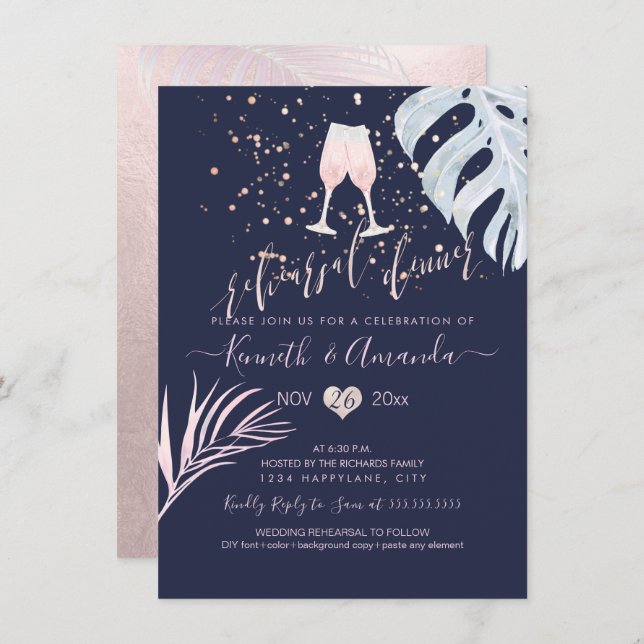 PixDezines Rehearsal Dinner/Pink Champagne+Palms Invitation (Front/Back)