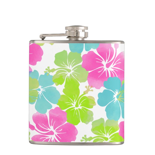 PixDezines retro hibiscus Hip Flask (Front)