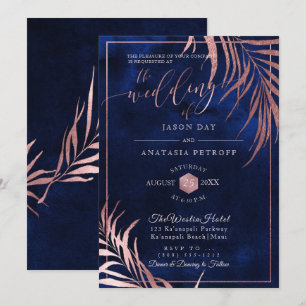 PixDezines Rose Gold Palm Fronds+H2O Navy Invitation