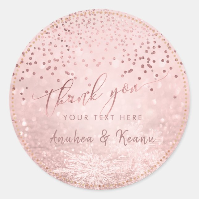 PixDezines Rose Gold Snow Bokeh+Confetti Thank You Classic Round Sticker (Front)