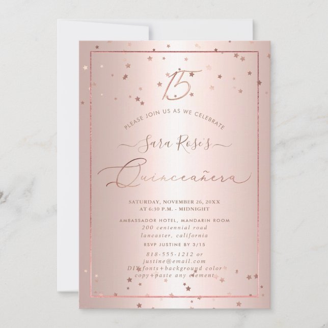 PixDezines Rose Gold Stars Quinceanera Invitation (Front)