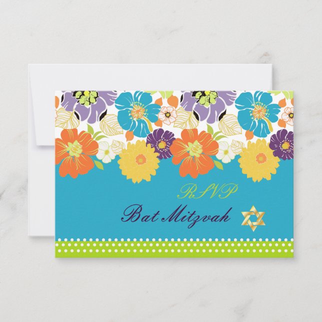 PixDezines rsvp/Alegre retro floral, Bat Mitzvah RSVP Card (Front)