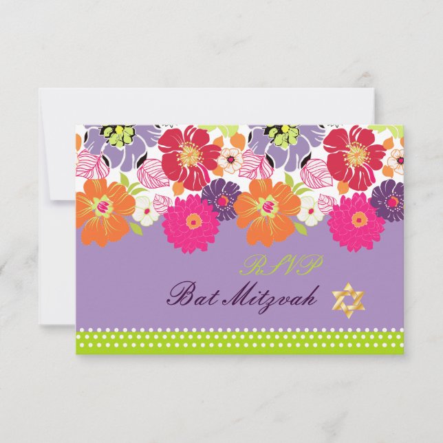 PixDezines rsvp/Alegre retro floral, Bat Mitzvah RSVP Card (Front)