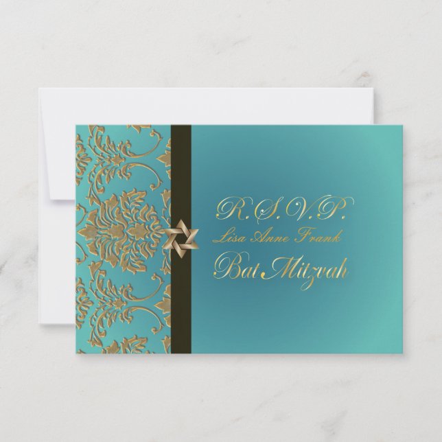 PixDezines rsvp bat mitzvah+faux gold damask Card (Front)