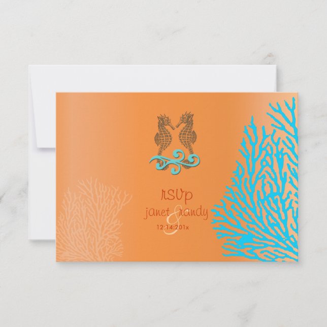 PixDezines rsvp Blue Coral+Seahorse, beach party Card (Front)