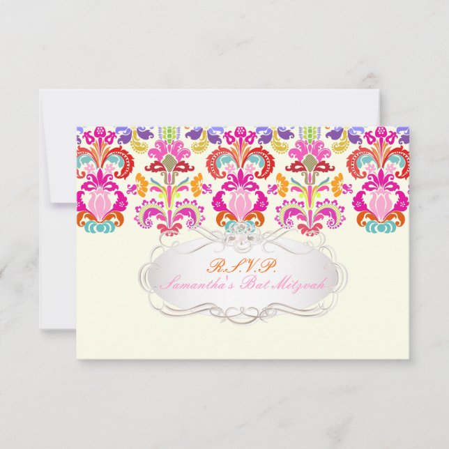 PixDezines rsvp colour Isabella damask/bat mitzvah Card (Front)