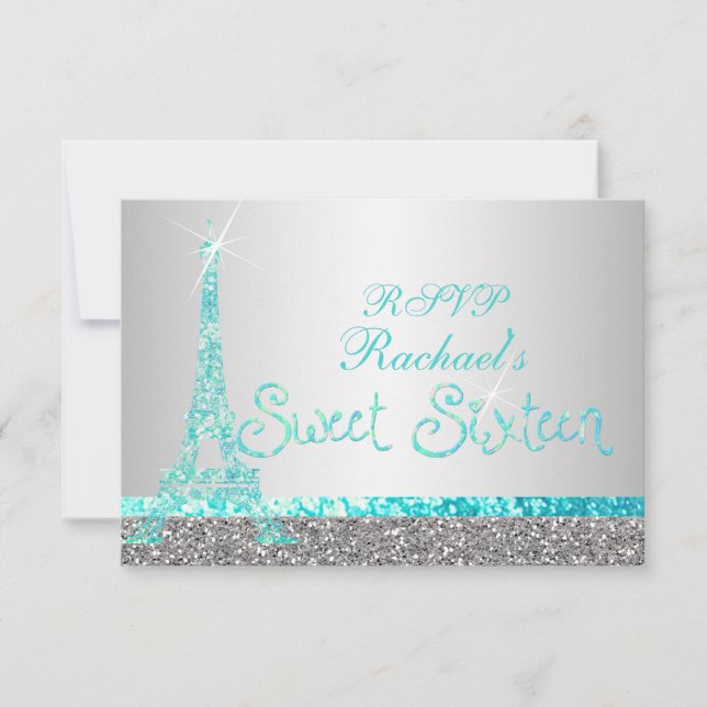 PixDezines rsvp faux glitter eiffel/sweet sixteen Card (Front)