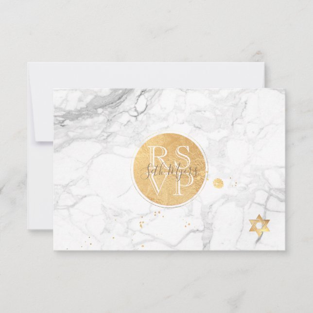 PixDezines RSVP Marble+Faux Gold Bar Mitzvah ✡ Card (Front)