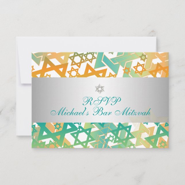 PixDezines rsvp mod stars/bar mitzvah/orange+teal Card (Front)