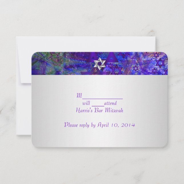 PixDezines rsvp/mod stars/Mitzvah/violet/silver RSVP Card (Front)