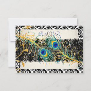 PixDezines rsvp peacock pzazz, damask+black lace Card