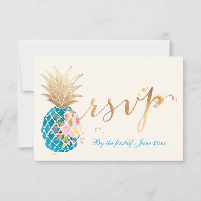 PixDezines rsvp Pineapples/Gold Brush Strokes Card (Front)
