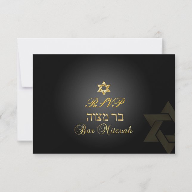 PixDezines rsvp Star, Bar Mitzvah/black+gold Card (Front)