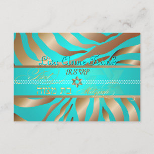 PixDezines rsvp Tan+Aqua Zebra, Bat Mitzvah Card