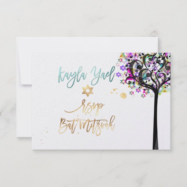 PixDezines RSVP Tree of Life Music Bat Mitzvah ✡ Invitation (Front)