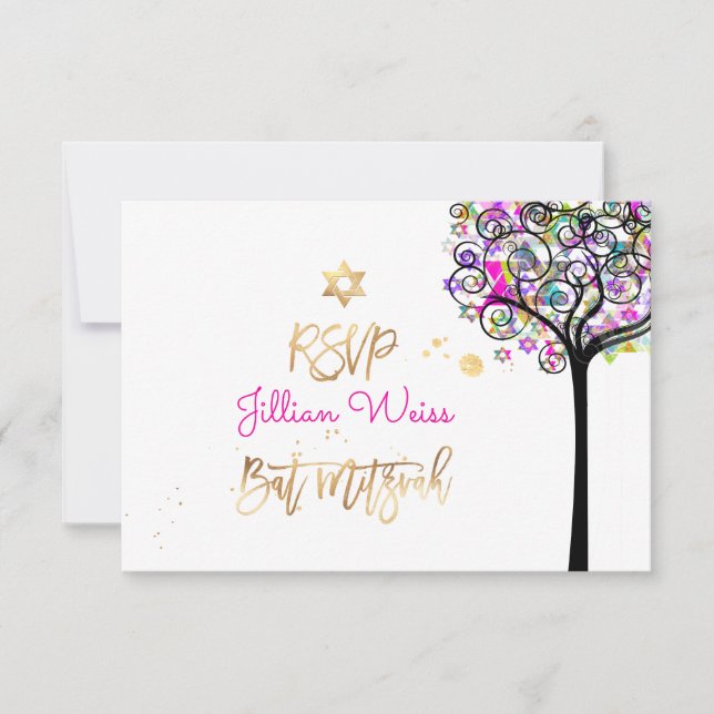 PixDezines RSVP Tree of Life/Neon Bat Mitzvah ✡ Invitation (Front)