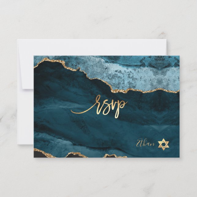 PixDezines RSVP Watercolor Teal Agate Bar Mitzvah✡ Card (Front)