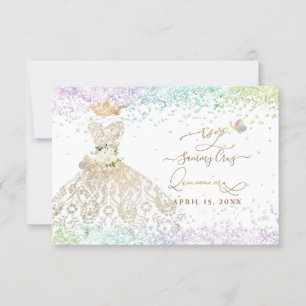 PixDezines RSVP White Gold Quince Dress Invitation