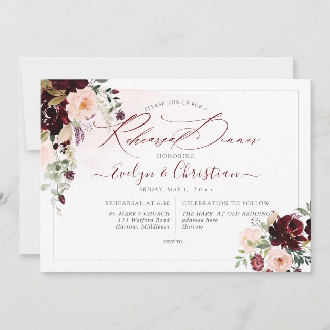PixDezines Rustic Blush Burgundy H2 Flowers Invitation (Front)