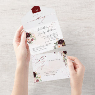 PixDezines Rustic Blush Burgundy WatercolorFlowers All In One Invitation