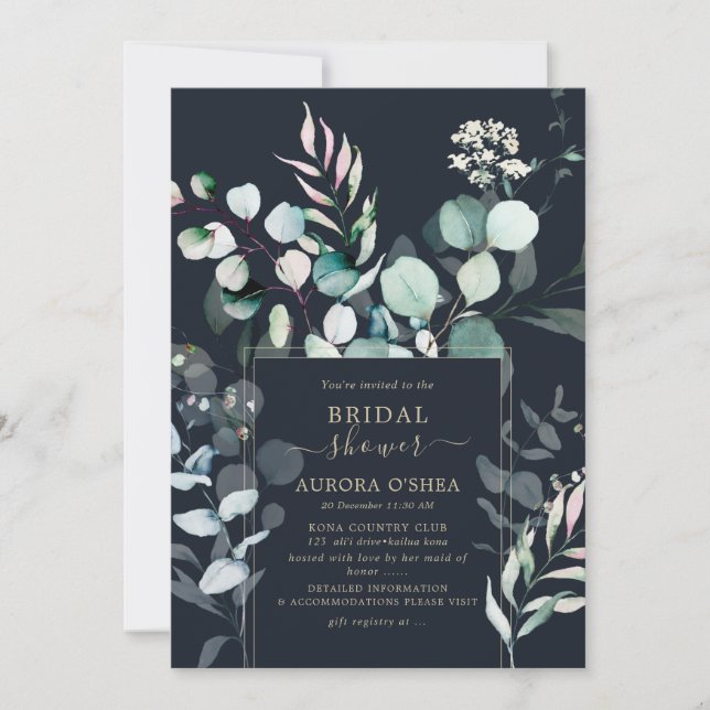 PixDezines Rustic Eucalyptus Navy Bridal Shower  Invitation (Front)