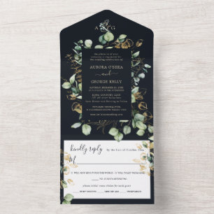 PixDezines Rustic Eucalyptus Navy n Gold  All In One Invitation