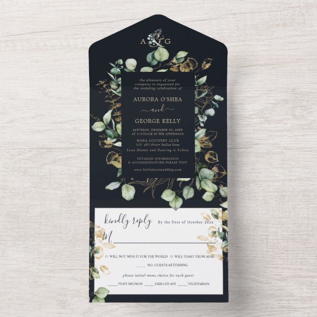 PixDezines Rustic Eucalyptus Navy n Gold  All In One Invitation (Inside)