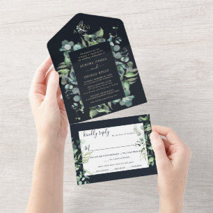 PixDezines Rustic Eucalyptus Navy n Gold   All In  One Invitation