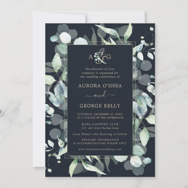 PixDezines Rustic Gum Eucalyptus Navy Blue Invitation (Front)