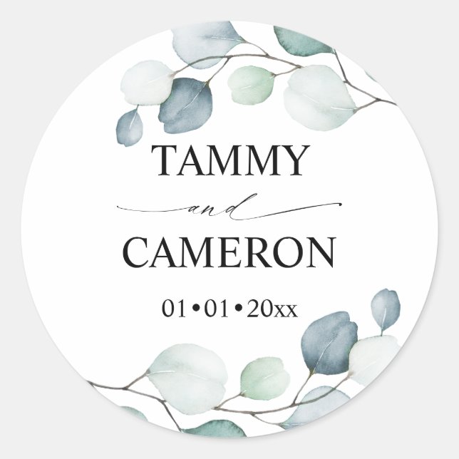 PixDezines Rustic Watercolor Greenery Eucalyptus C Classic Round Sticker (Front)