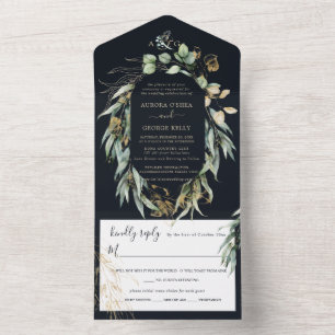 PixDezines Rustic Willow Eucalyptus Navy n Gold  All In One Invitation