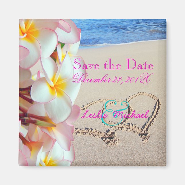 PixDezines Save Date, Beach+Pink Plumeria+Hearts Magnet (Front)