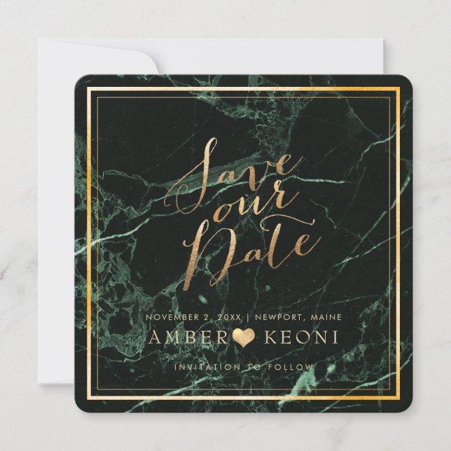 PixDezines Save Date/Green Marble/Faux Gold Save The Date (Front)