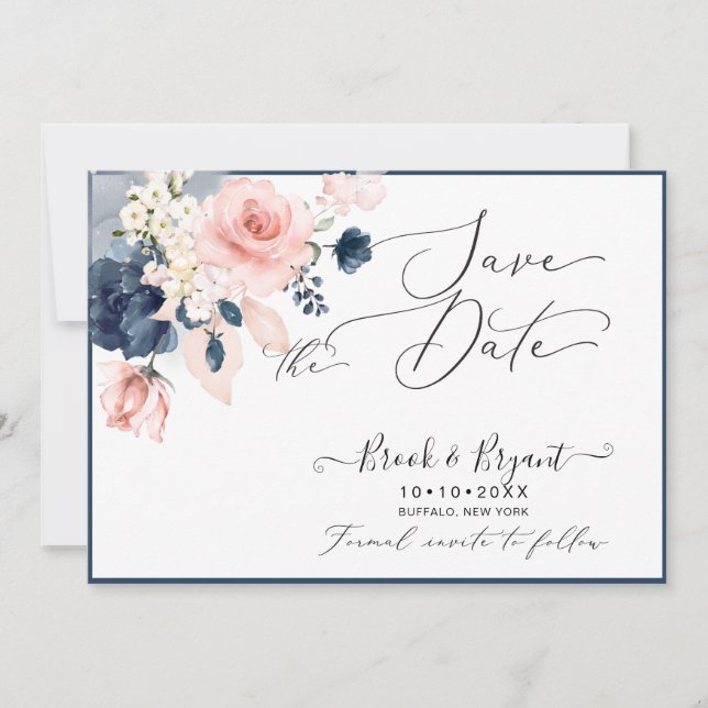 PixDezines Save Date H2 Dusty Blue Blush Roses  Invitation (Front)