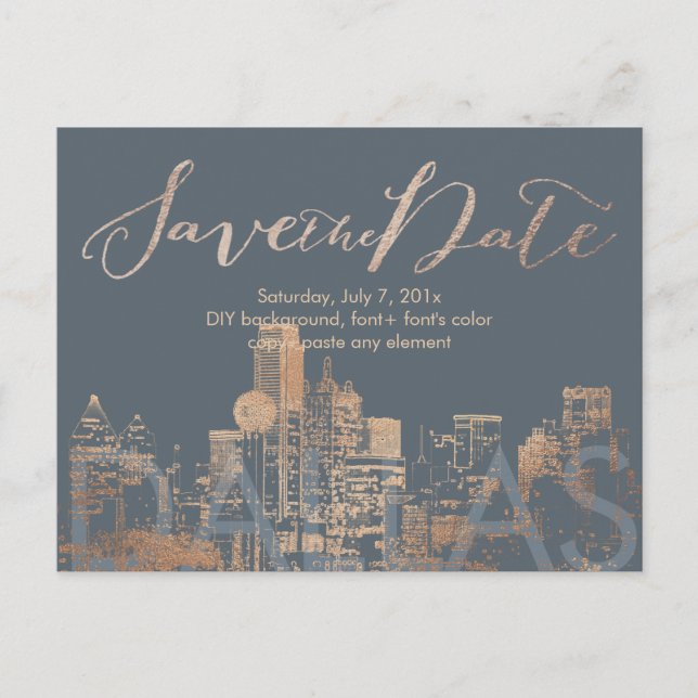PixDezines/Save Date/Pink Gold/Dallas Skyline Announcement Postcard (Front)