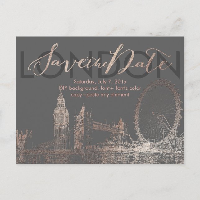 PixDezines/Save Date/Pink Gold/London Skyline Announcement Postcard (Front)