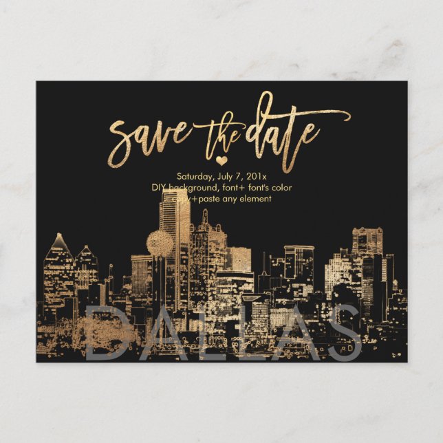 PixDezines/Save the Date Dallas Skyline/Faux Gold Announcement Postcard (Front)
