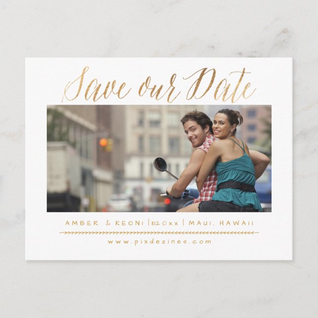 PixDezines Save the Date/Faux Gold Modern Script Announcement Postcard (Front)