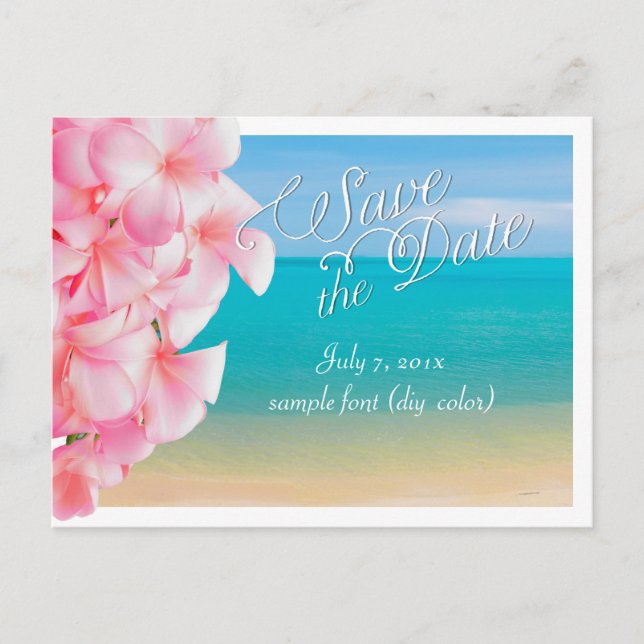 PixDezines/save the date/pink plumeria+beach Announcement Postcard (Front)