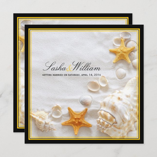PixDezines Seashells/Beach/yellow+black frames Invitation (Front/Back)