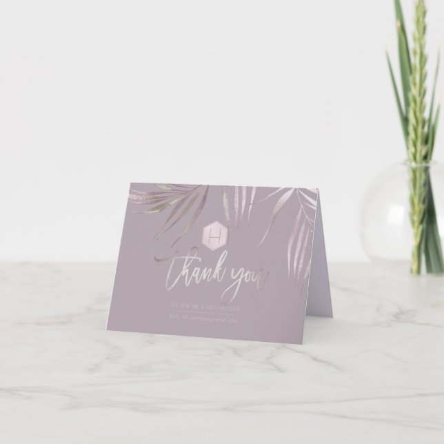 PixDezines Silver Mauve Palms Wedding Thank You Card (Front)