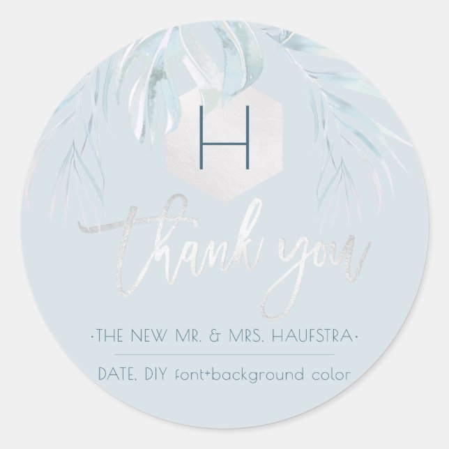 PixDezines Silver Palms Monogram, Thank You Classic Round Sticker (Front)