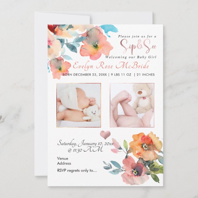 PixDezines SIP+SEE, WATERCOLOR FLOWERS Announcement (Front)